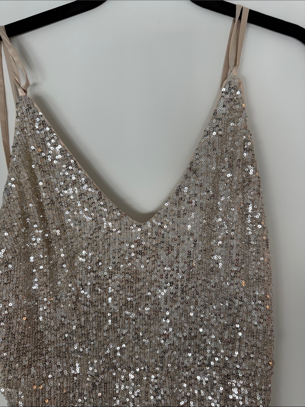 Sequin Champagne Jumpsuit, Slit Wide Leg, L - Picture 4 of 7